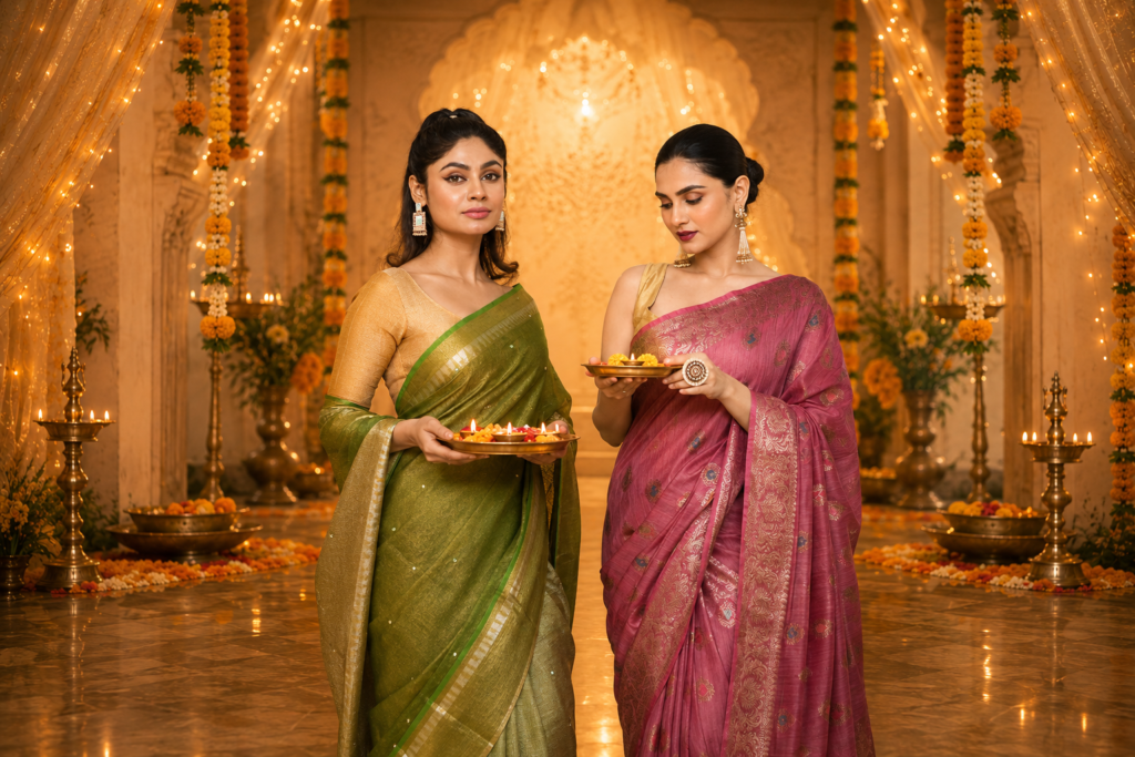 Two models in festive green and pink silk sarees with diyas during Diwali celebration