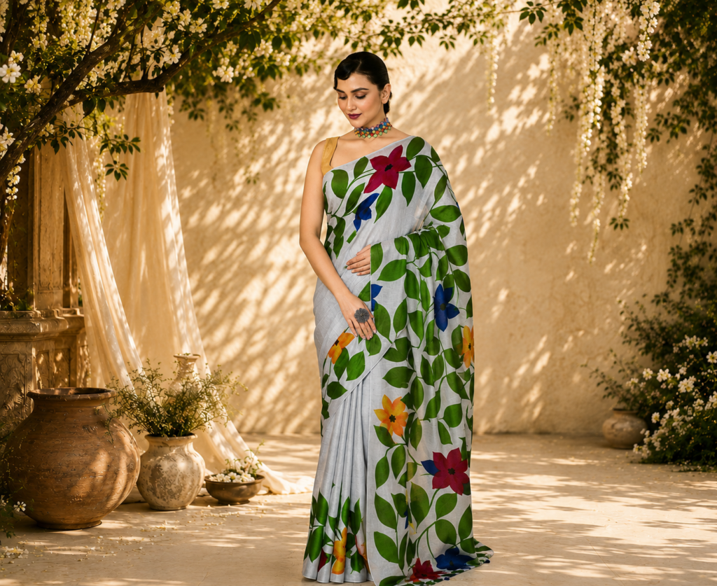 Model in white saree with hand-painted green leaf and floral print design