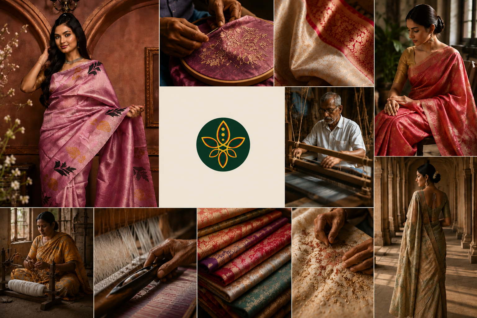 Dhunki saree collection collage - handwoven silk sarees, traditional Indian weaving and embroidery craftsmanship