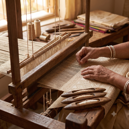 Artisan weaving the handloom fabric