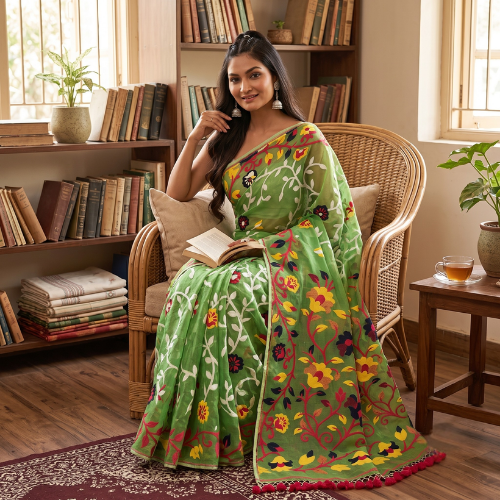 Dhunki women wear green jamdani saree-dhunki fashion