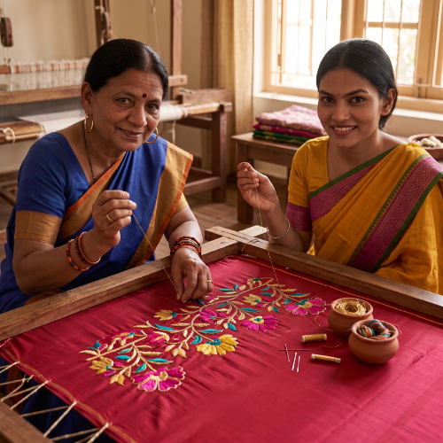 women artisans doing zardosi embrodery in dhunki fashion botique