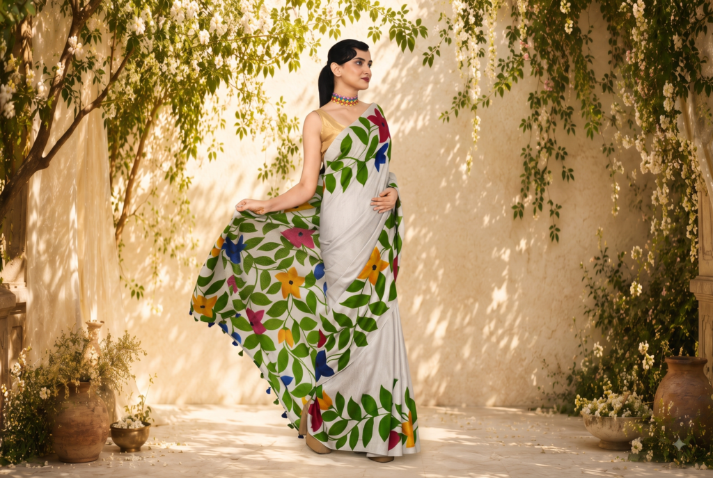 Model wearing a white floral printed saree in a sunlit garden setting