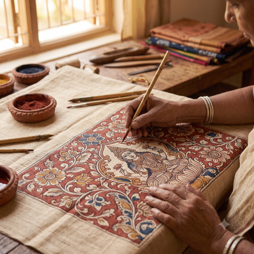 Artisan doing kalamkari painting on saree